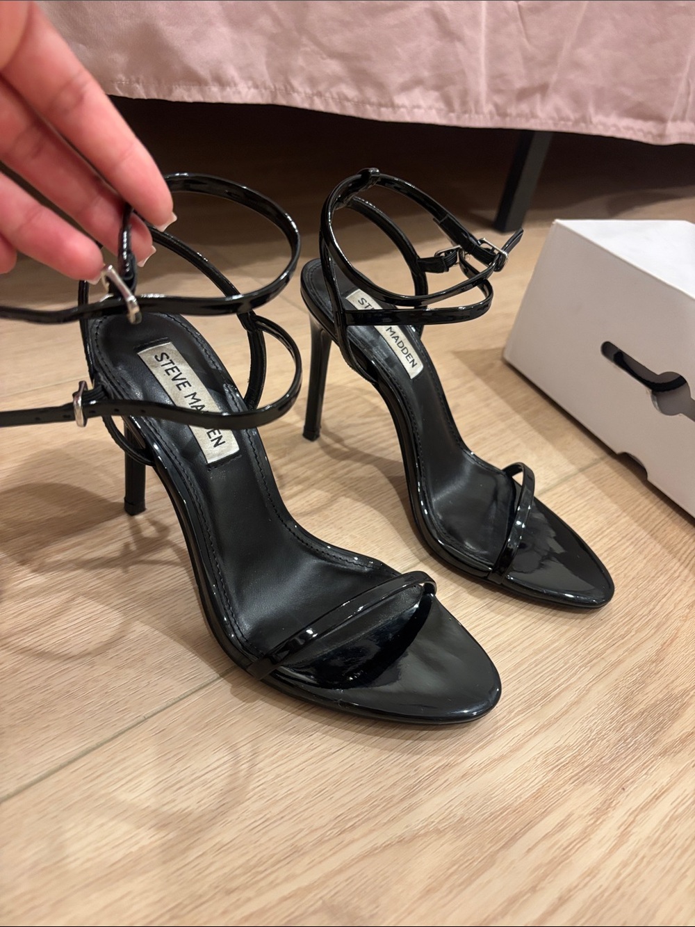 Steve Madden Black Patent Strappy Ankle‑Tie Stilettos